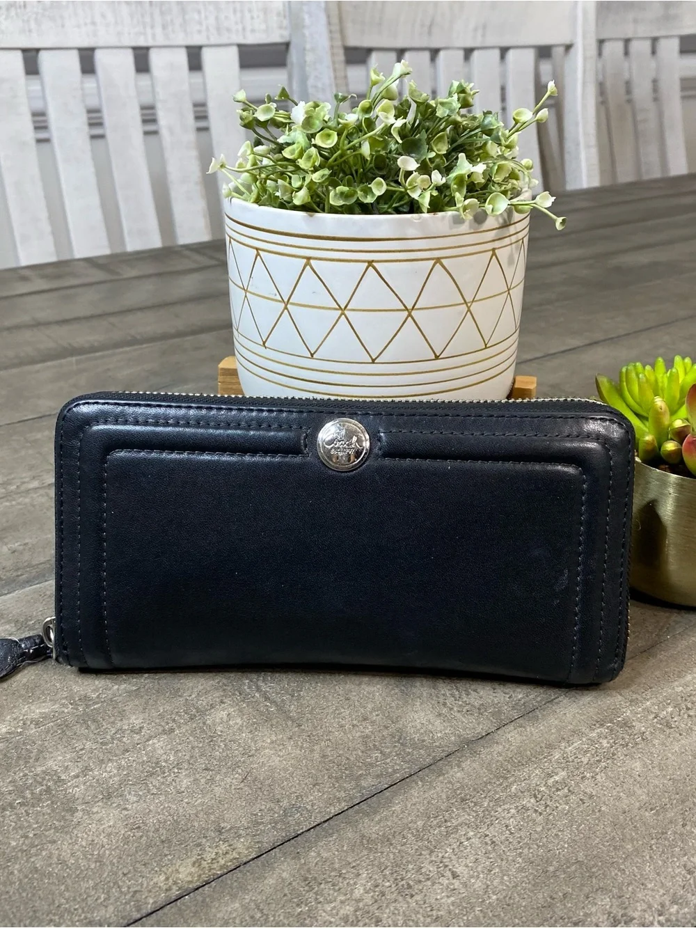 Coach Vintage Black Leather Zip Around Long Wallet Silver Button Accordion